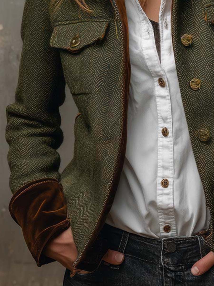 Honorine | Blazer Vintage Espiguilla con Ribetes Contrastantes