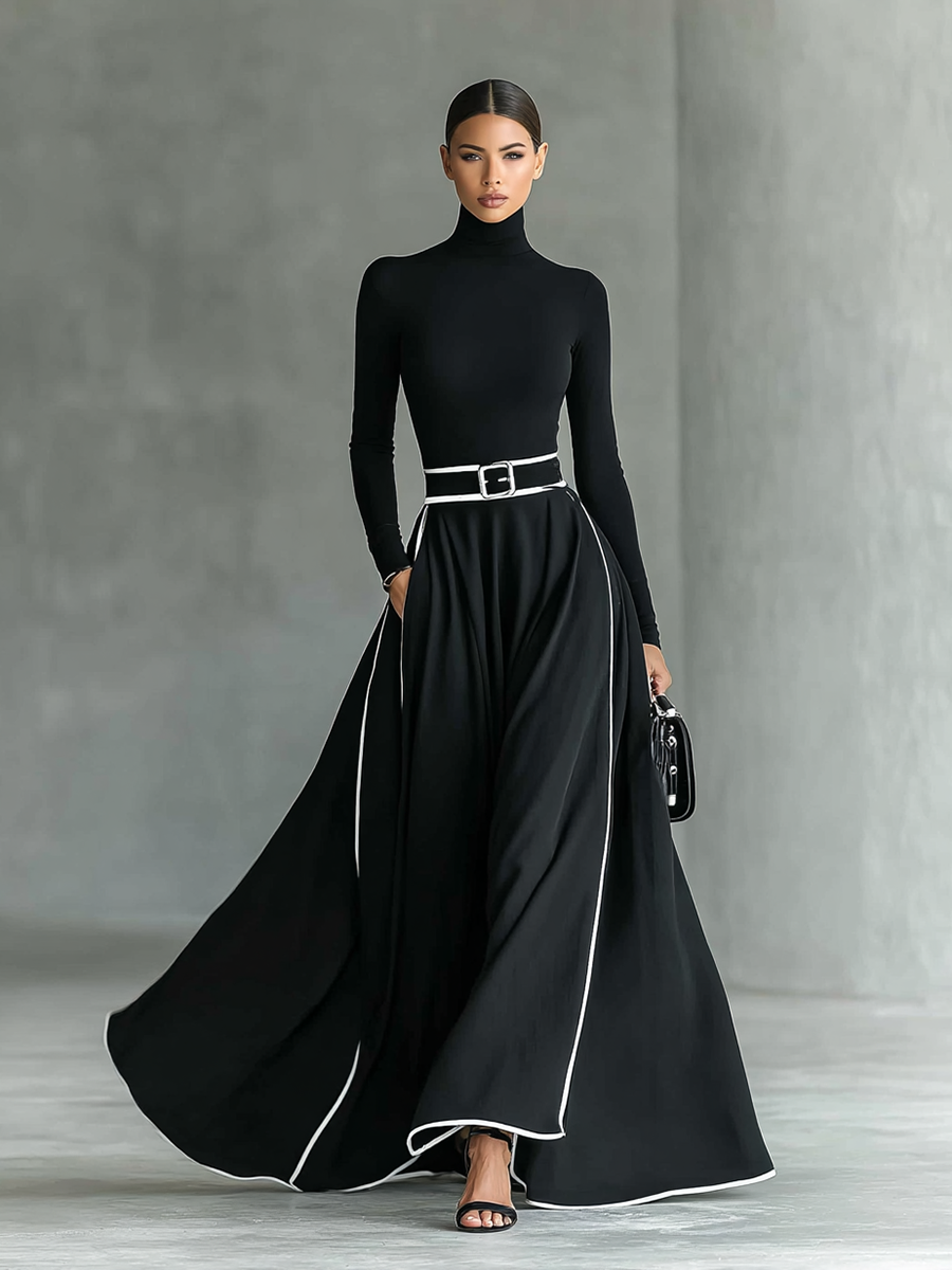 Gina – Vestido Maxi de Mujer Negro con Costuras Blancas y Cuello Alto, Manga Larga, Cintura Entallada