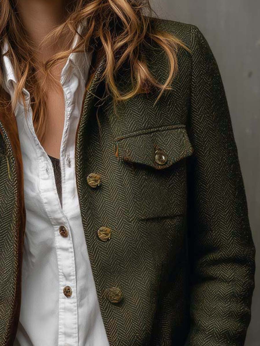 Honorine | Blazer Vintage Espiguilla con Ribetes Contrastantes