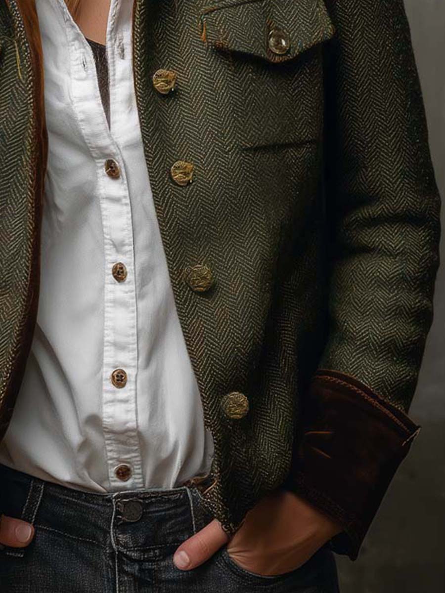 Honorine | Blazer Vintage Espiguilla con Ribetes Contrastantes