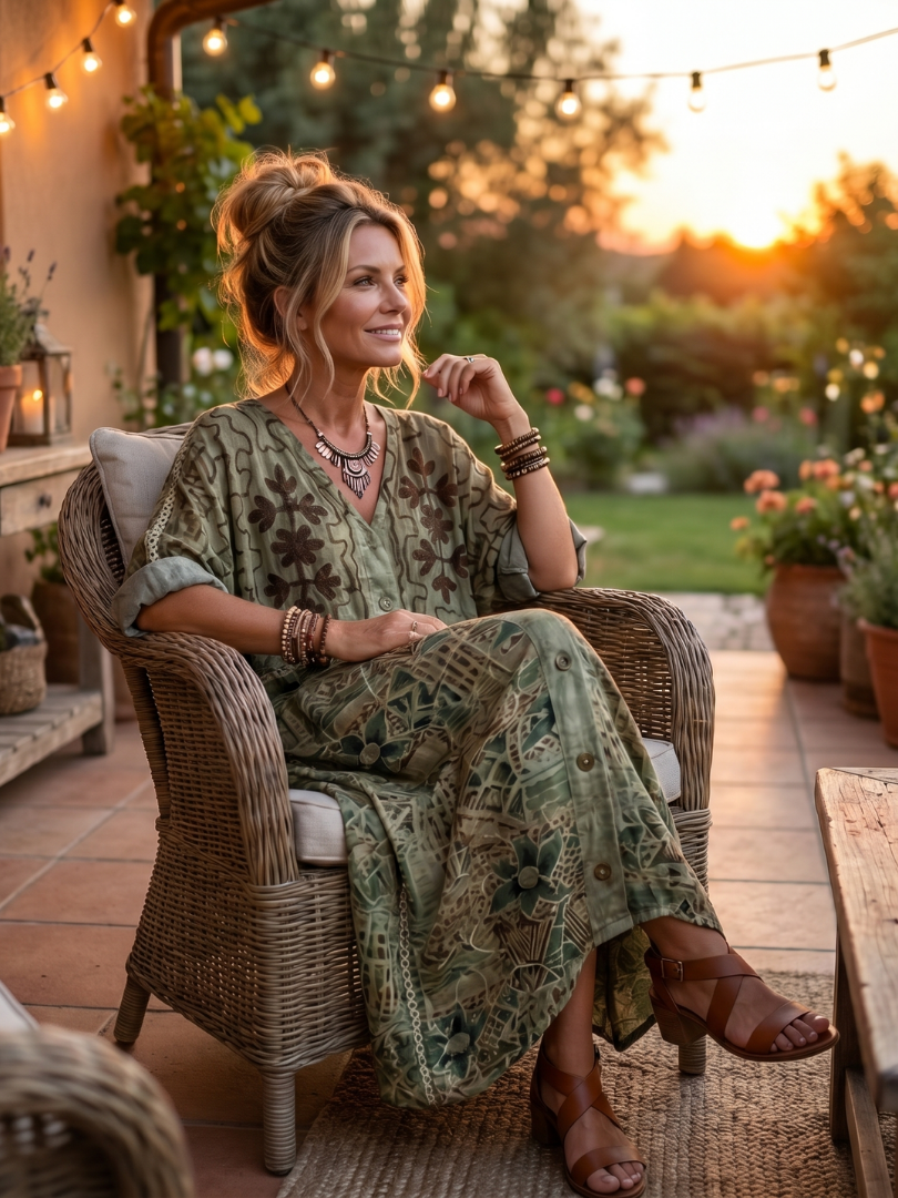 Aleta | Vestido midi oversize bordado con botonadura y bolsillos