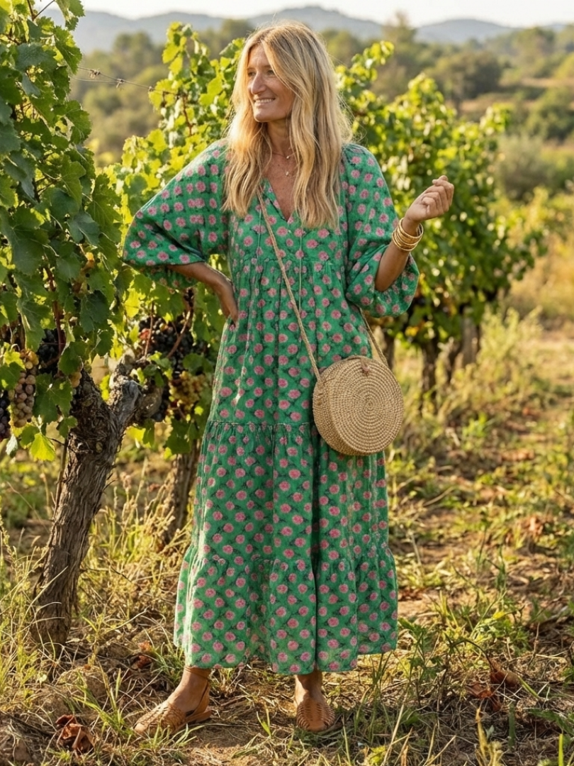 Fiora | Vestido midi de volantes con estampado floral y escote en V