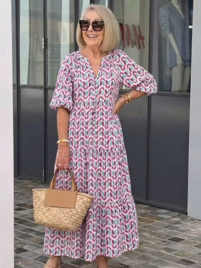 Mireya | Vestido midi de volantes con estampado geométrico y manga larga