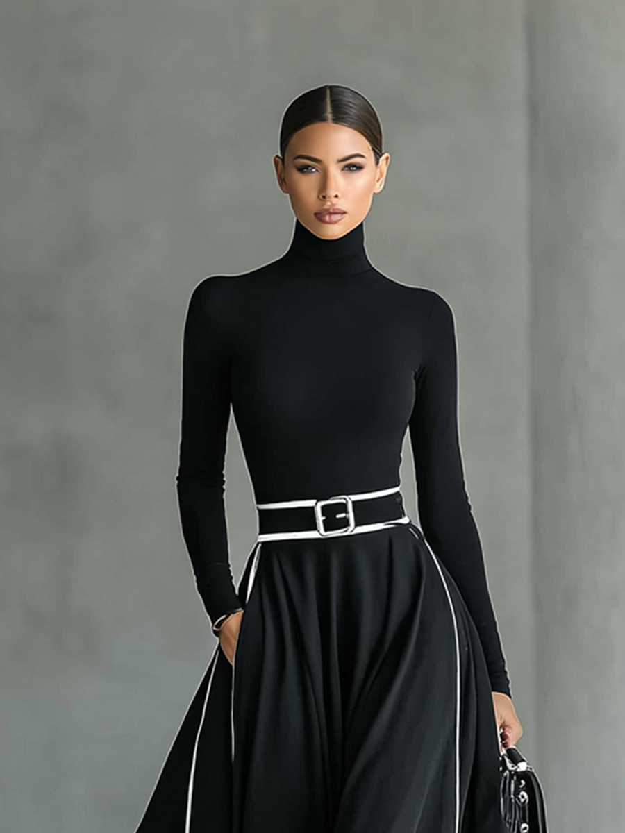 Gina – Vestido Maxi de Mujer Negro con Costuras Blancas y Cuello Alto, Manga Larga, Cintura Entallada