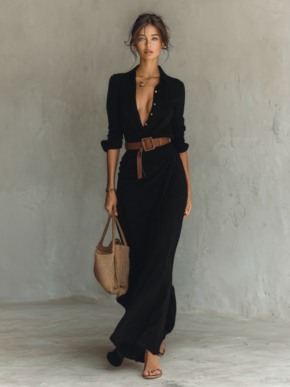 Vestido maxi de mujer con cuello tipo solapa, cierre delantero sencillo, mangas largas