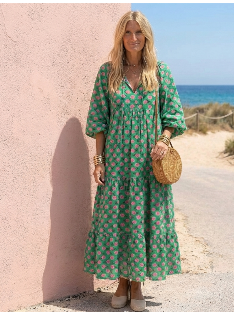 Fiora | Vestido midi de volantes con estampado floral y escote en V