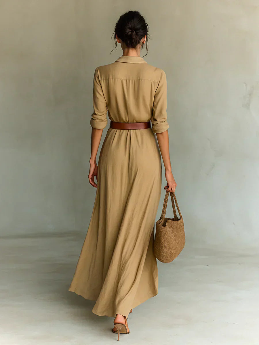 Camille™ | Maxi Vestido con Solapa y Cinturón en la Cintura