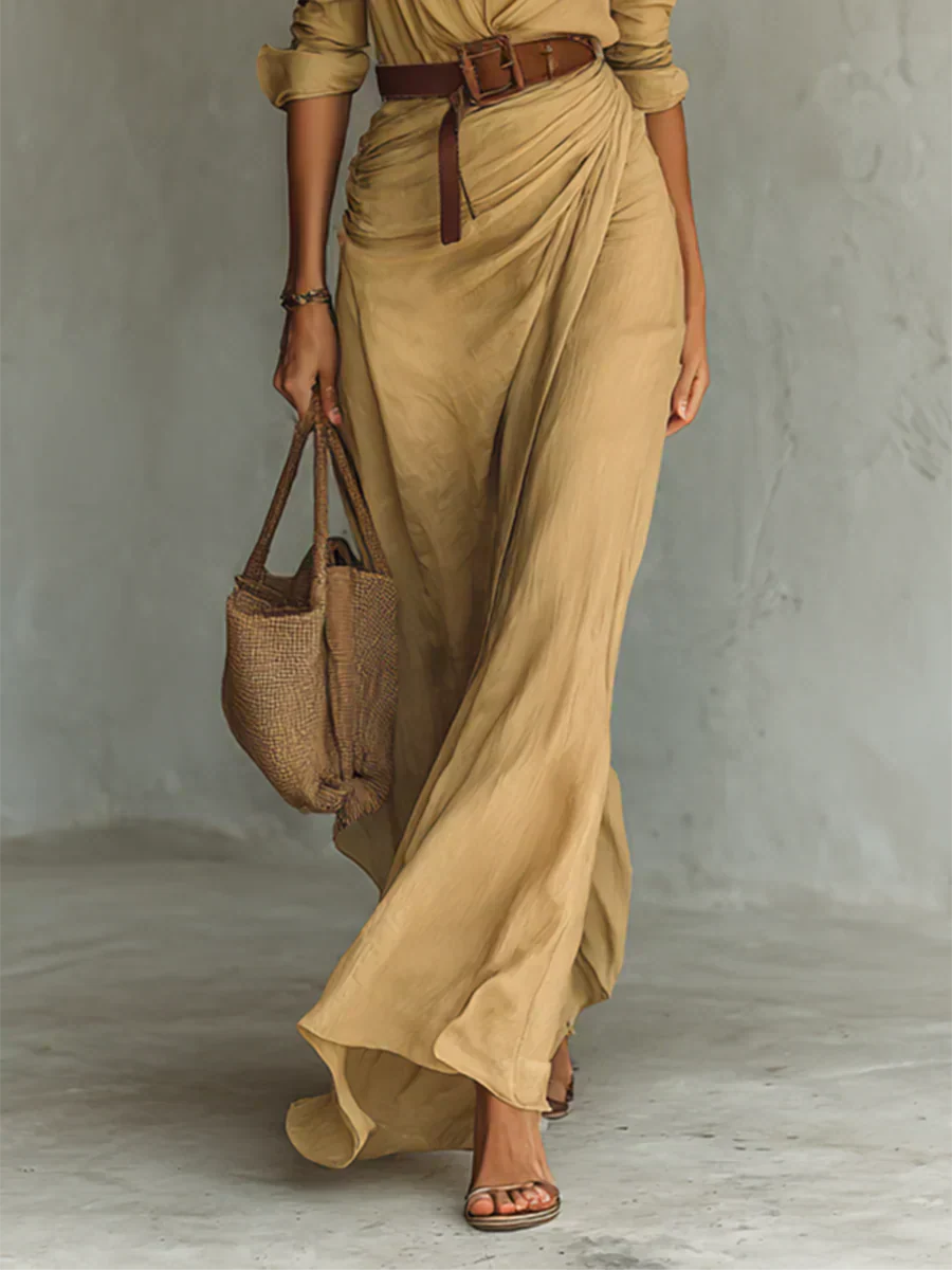 Camille™ | Maxi Vestido con Solapa y Cinturón en la Cintura
