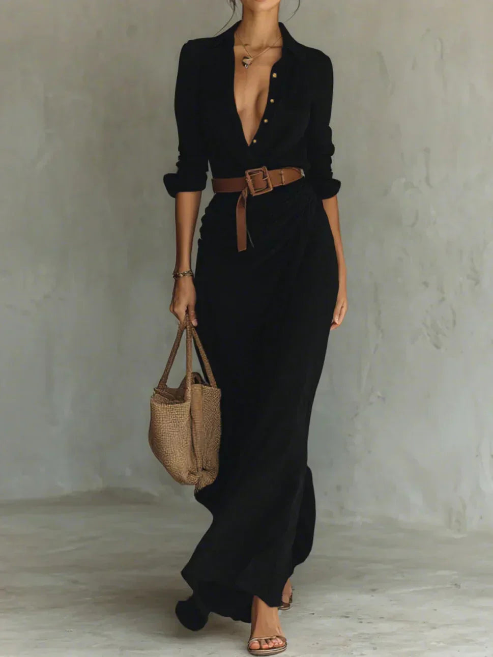 Camille™ | Maxi Vestido con Solapa y Cinturón en la Cintura