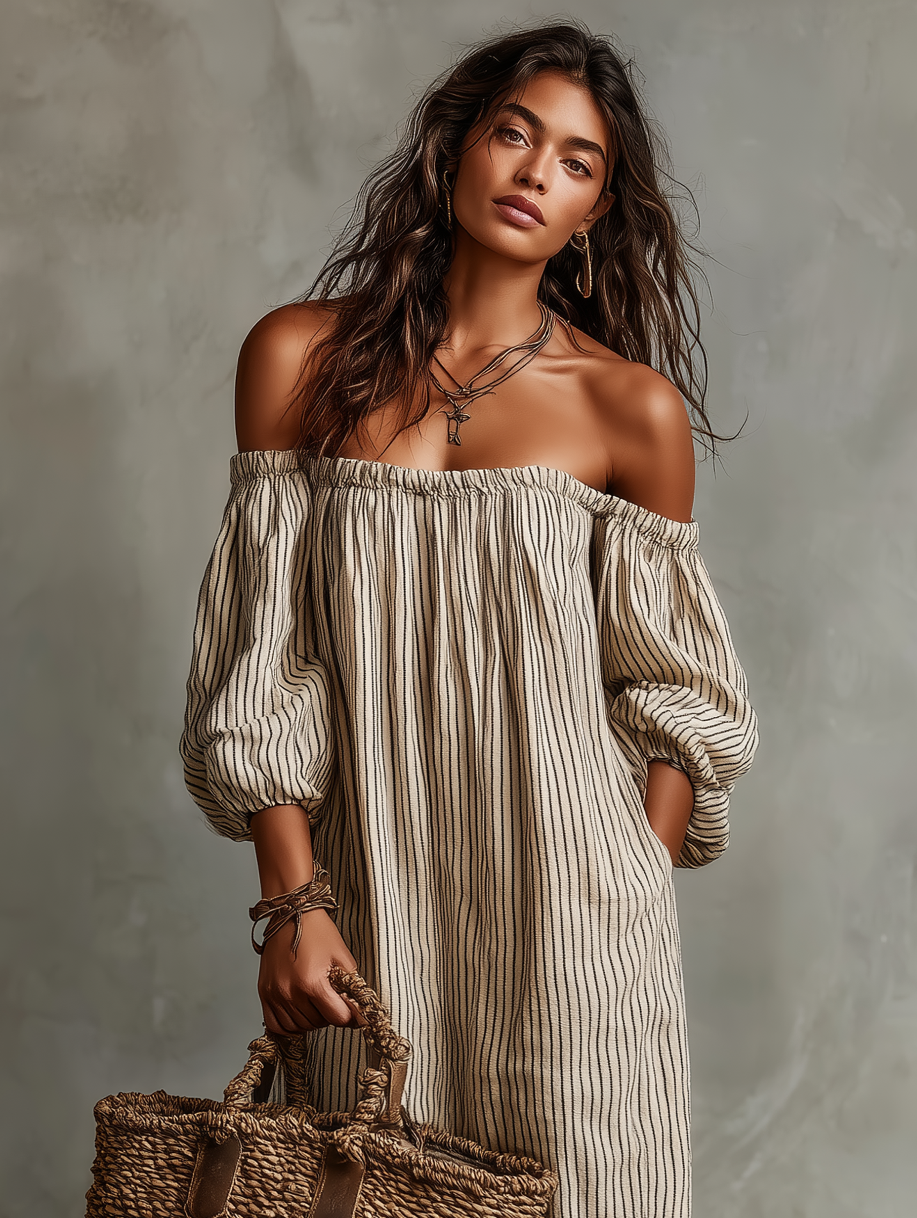Carmen | Vestido largo en algodón y lino con diseño off-the-shoulder