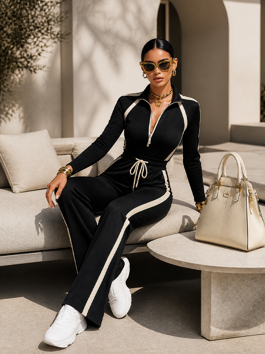 Monica | Completo di Tuta con Strisce a Contrasto Nere, Top con Collo a Mezzo Zip e Pantaloni a Gamba Larga con Coulisse