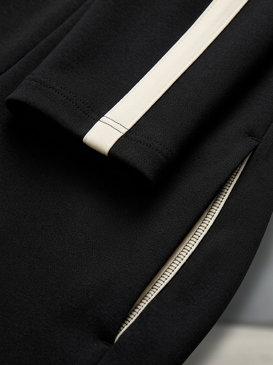 Monica | Completo di Tuta con Strisce a Contrasto Nere, Top con Collo a Mezzo Zip e Pantaloni a Gamba Larga con Coulisse