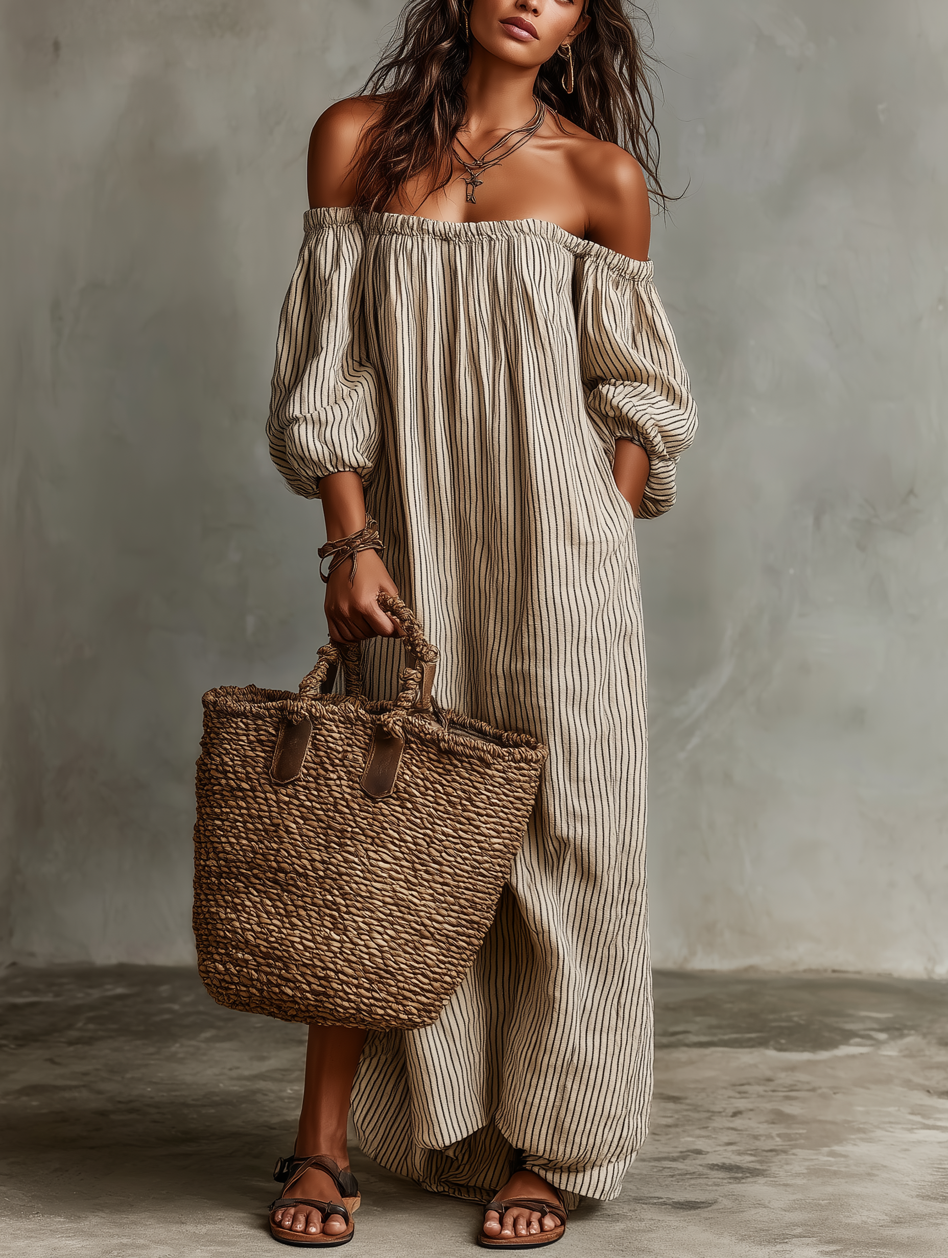 Carmen | Vestido largo en algodón y lino con diseño off-the-shoulder