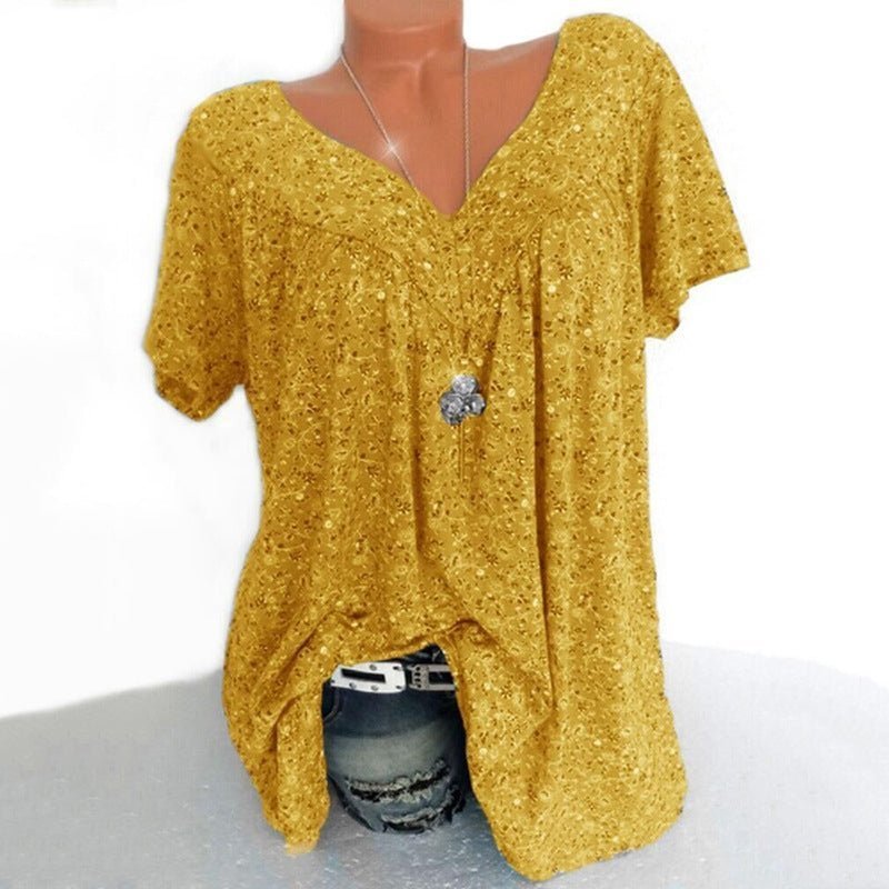 Camiseta de verano para mujeres con escote en V, de manga corta, estampada, estilo casual