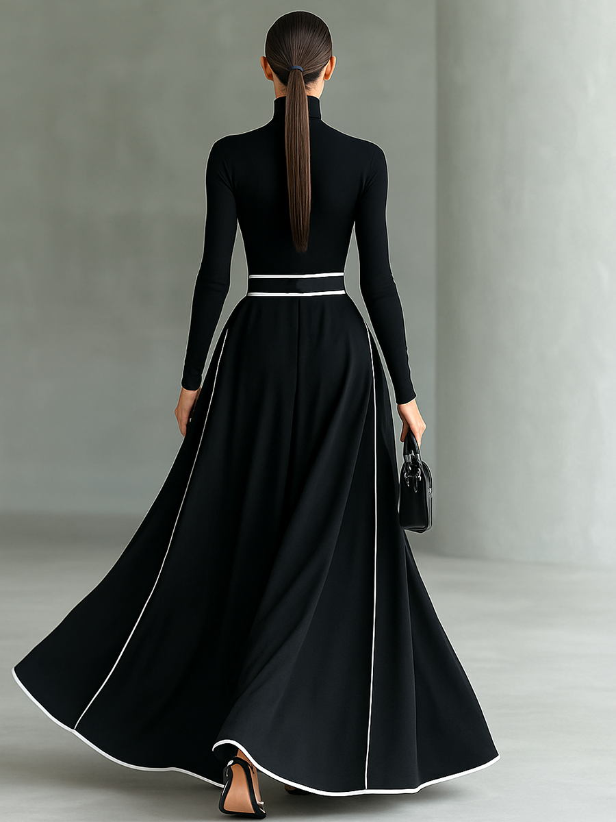 Gina – Vestido Maxi de Mujer Negro con Costuras Blancas y Cuello Alto, Manga Larga, Cintura Entallada