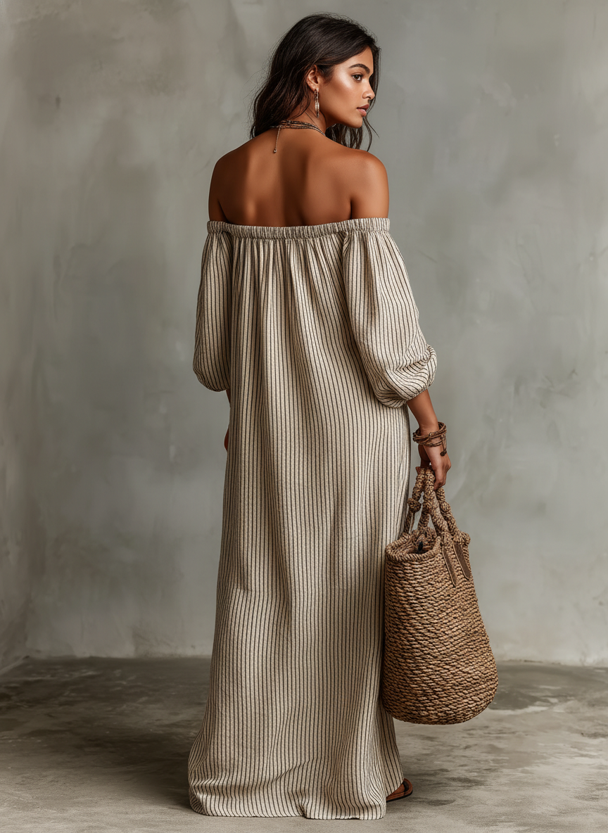 Carmen | Vestido largo en algodón y lino con diseño off-the-shoulder