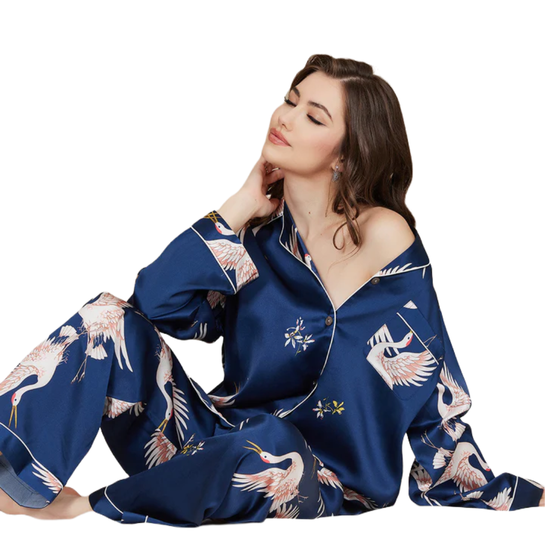 Pijama de seda de manga larga con estampado de grulla