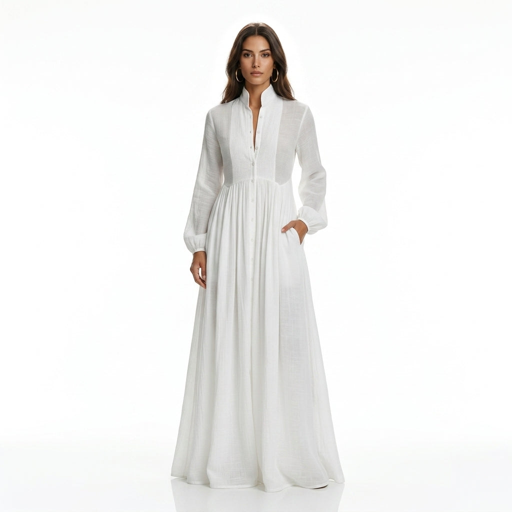 Elisa – Exclusiva Maxi Minimalista de Algodón con Patchwork, Cuello Alto y Mangas Largas