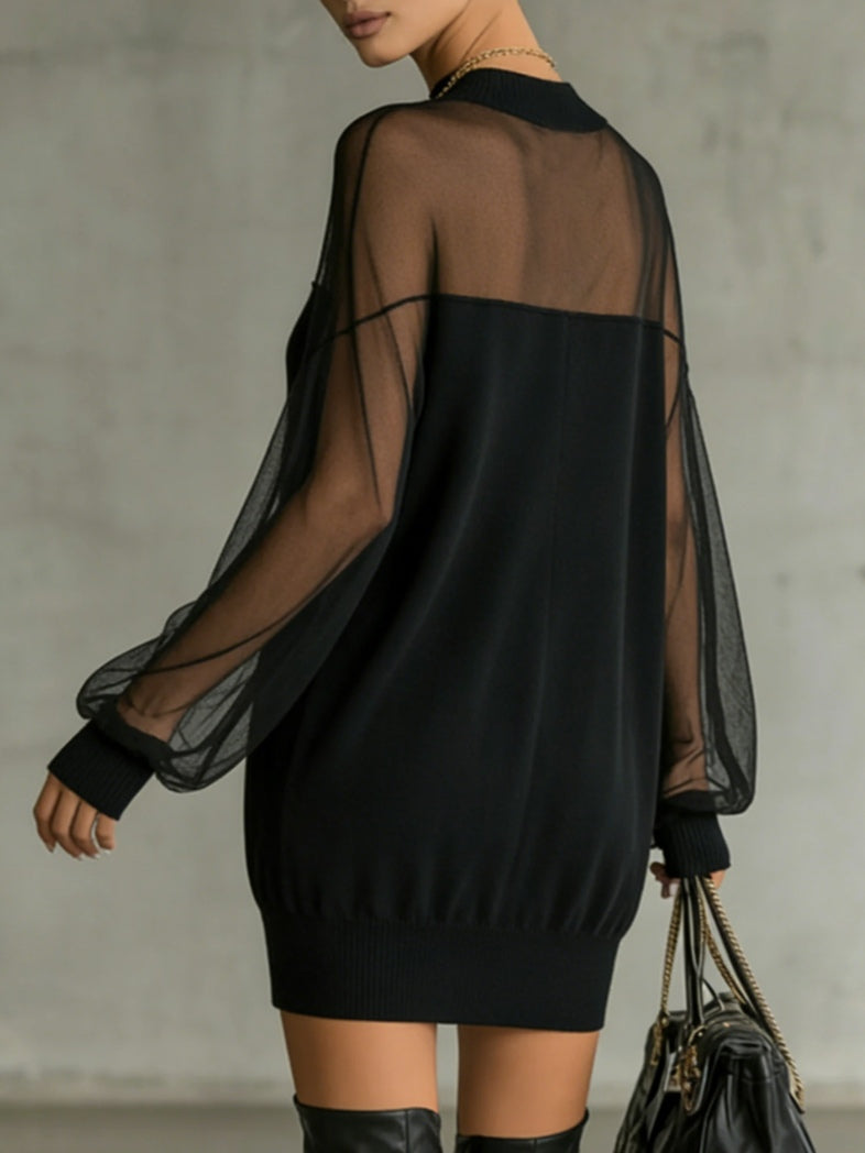 Amélie™ | Elegante Mini Vestido Negro con Mangas de Rejilla