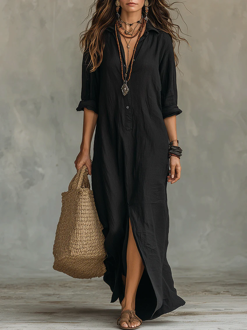 Soline™ | Vestido maxi verde holgado con botones