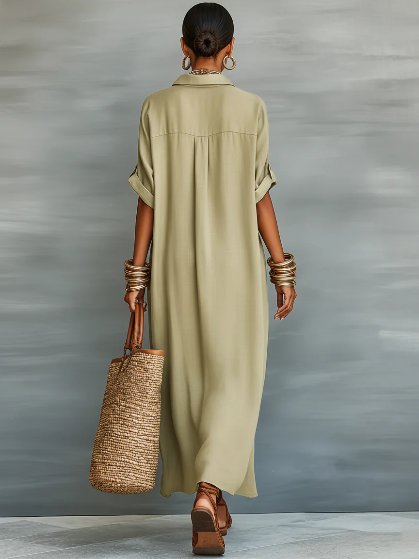 Manelle | Vestido Largo Verde Oliva con Líneas Minimalistas