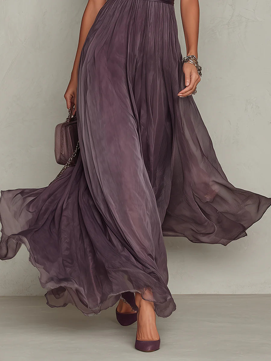 Flavia • Vestido largo morado con escote en forma de llave, borde de encaje de chiffon