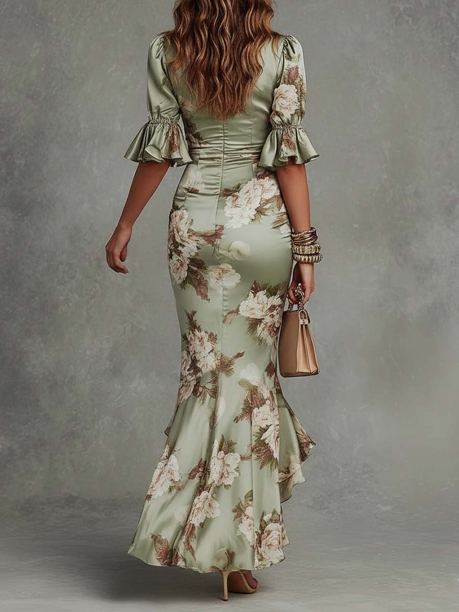 Anastasia | Vestido largo de satén con estampado floral