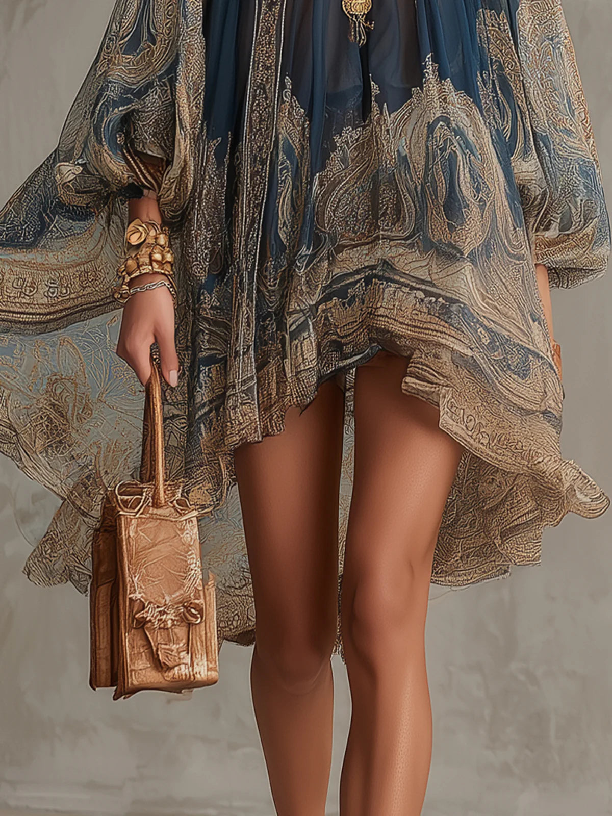 Marianna | Vestido mini de gasa con estampado barroco dorado