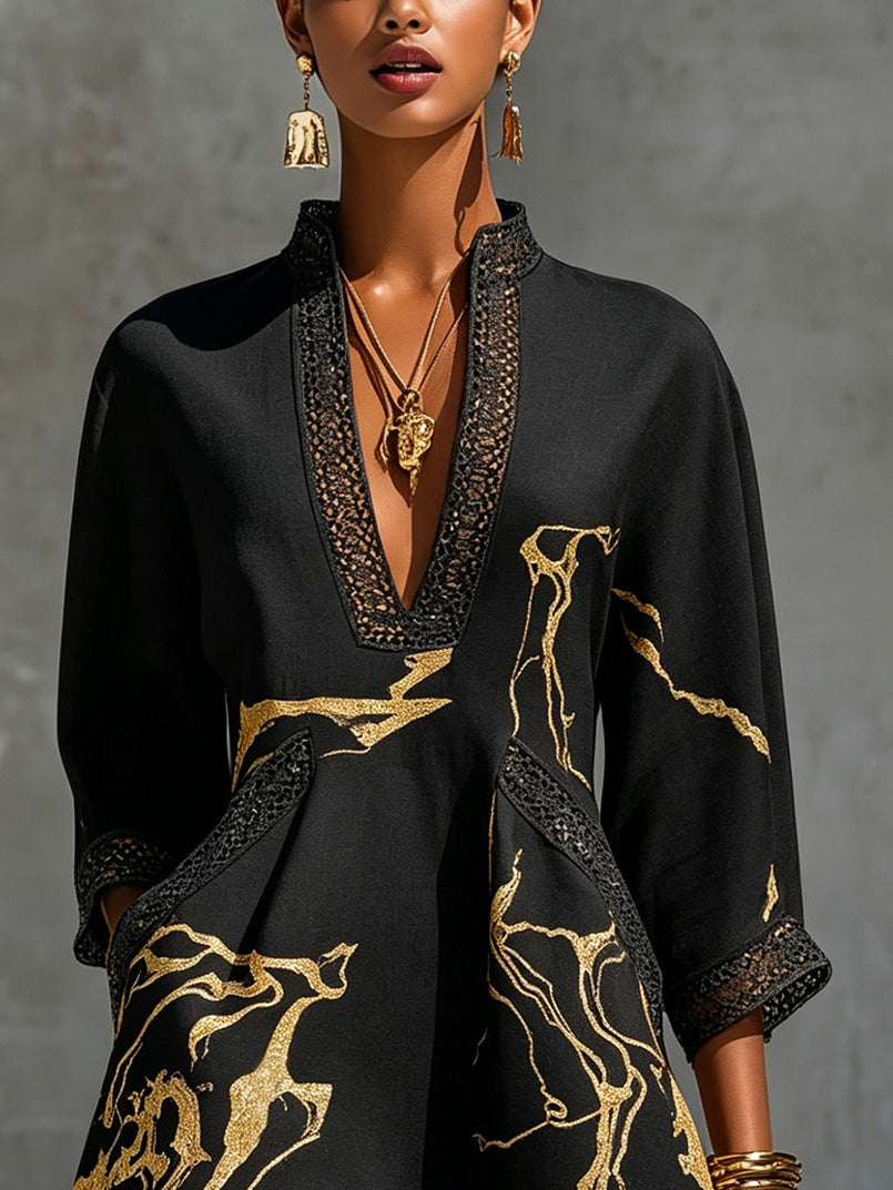 Donatella | Vestido mini con estampado efecto mármol dorado y encaje de ganchillo
