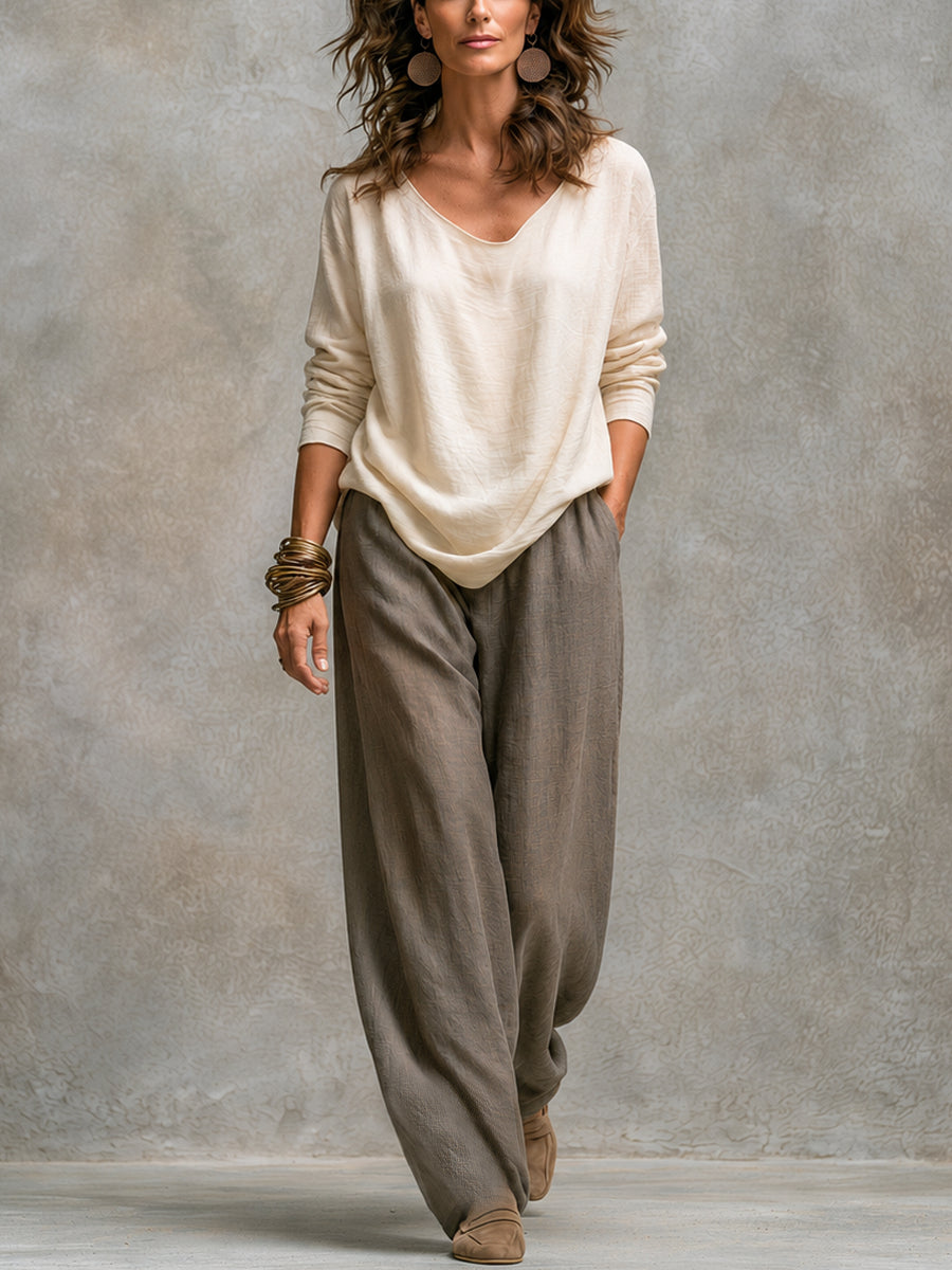 Costanza | Completo tre pezzi beige e grigio, casual a strati, con pantaloni a palazzo, elegante