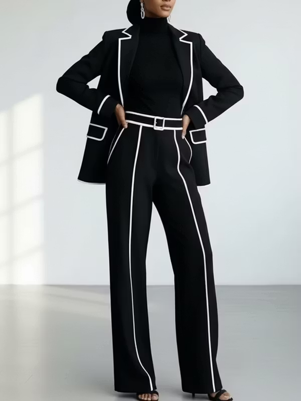 Claudia | Completo Due Pezzi Blazer con Piping a Contrasto Nero e Pantaloni a Gamba Larga