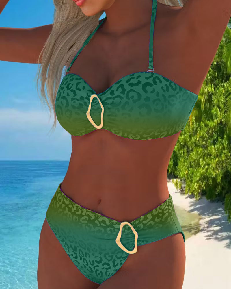 Traje de baño con cuello halter, estampado de leopardo y degradado
