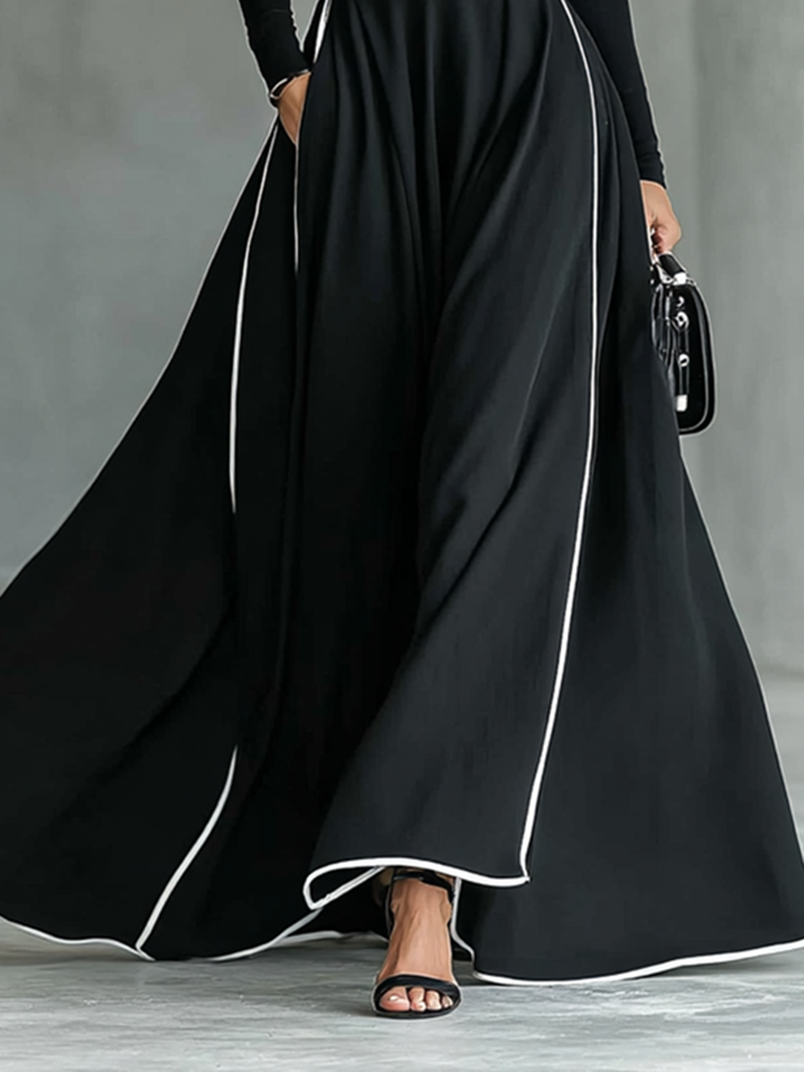 Gina – Vestido Maxi de Mujer Negro con Costuras Blancas y Cuello Alto, Manga Larga, Cintura Entallada