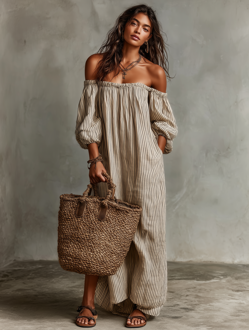 Carmen | Vestido largo en algodón y lino con diseño off-the-shoulder