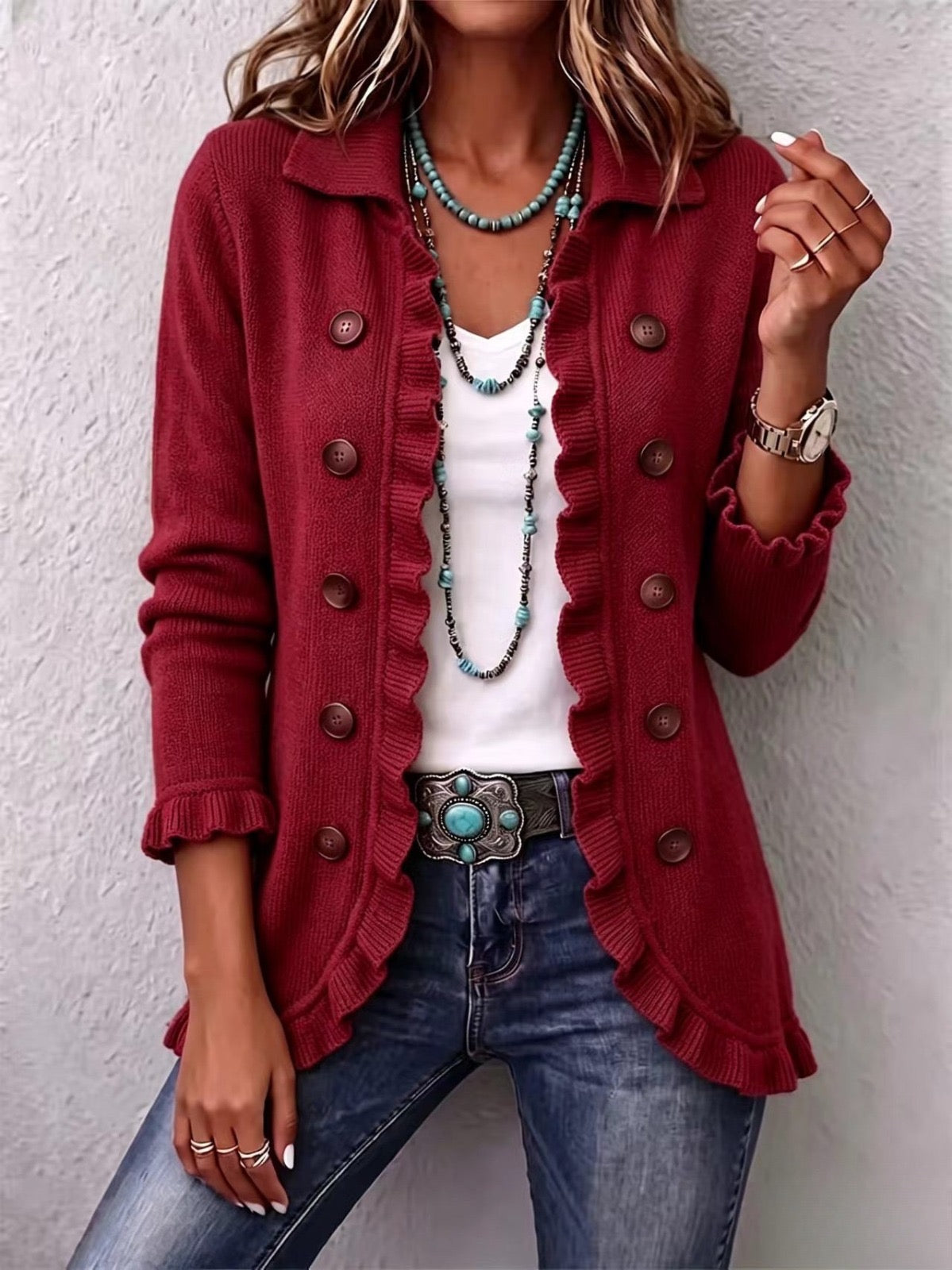 Annunziata | Chaqueta de Punto Rojo Rubí con Volante