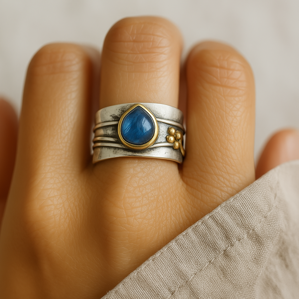 Inés - Anillo Vintage de Zafiro Azul Plata Bañada en Oro
