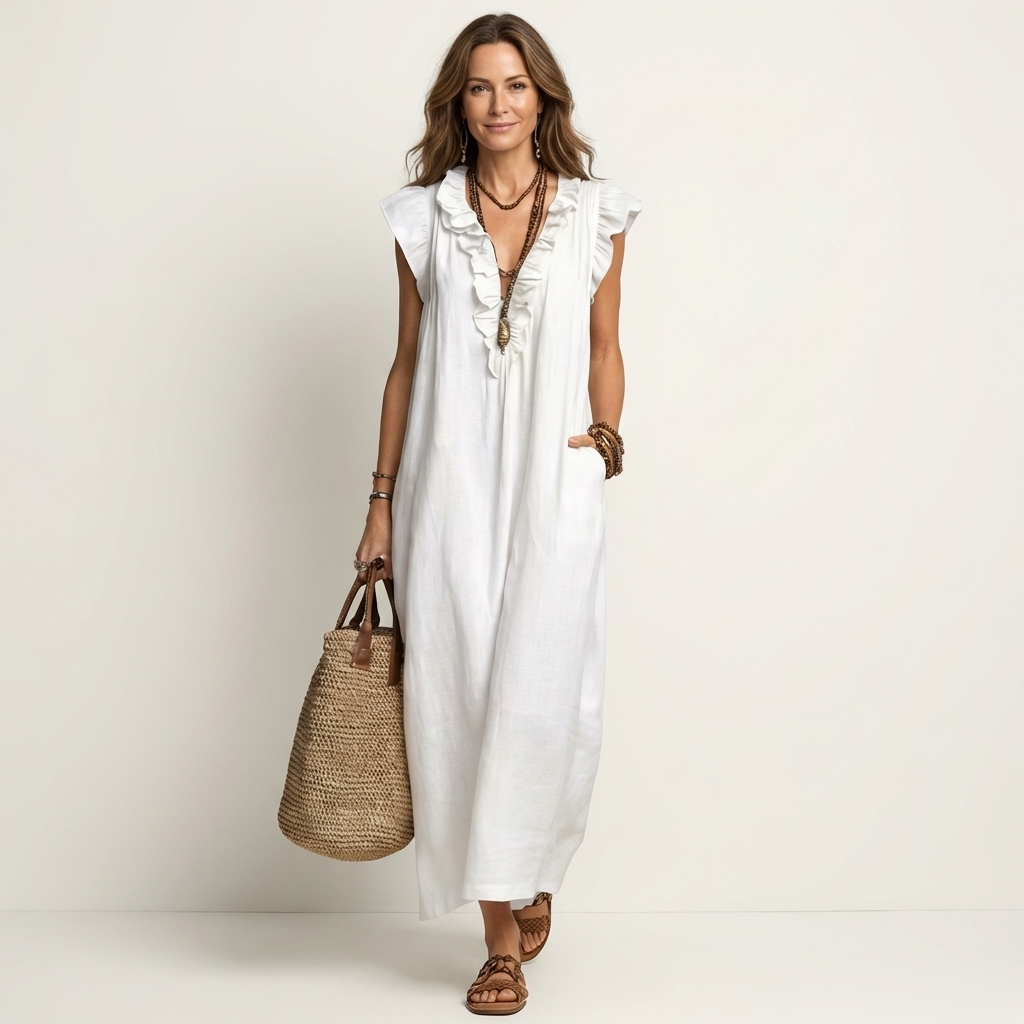 Josette | Vestido largo con escote en V de volantes