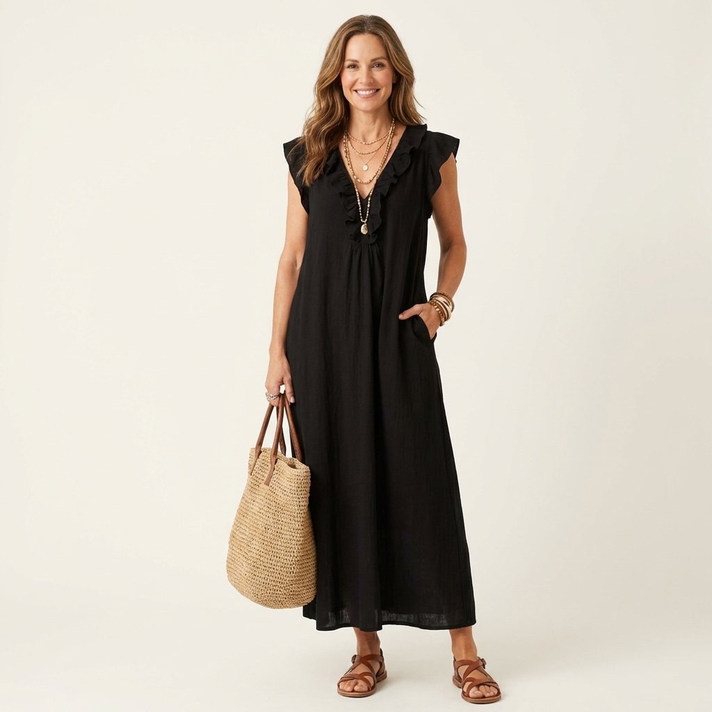 Josette | Vestido largo con escote en V de volantes