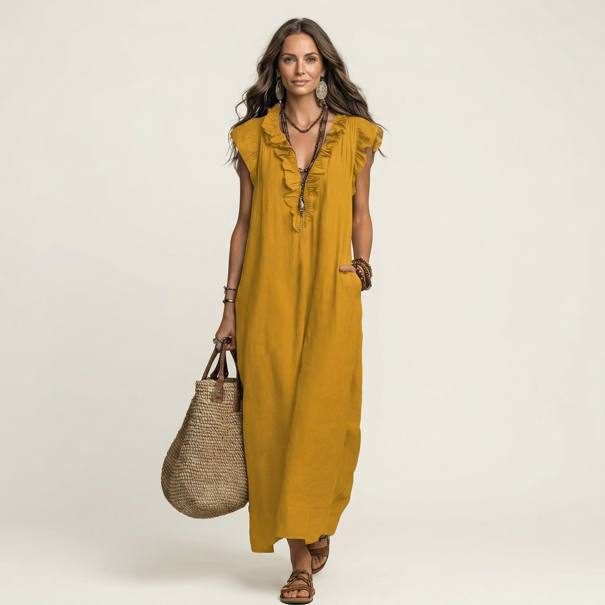 Josette | Vestido largo con escote en V de volantes