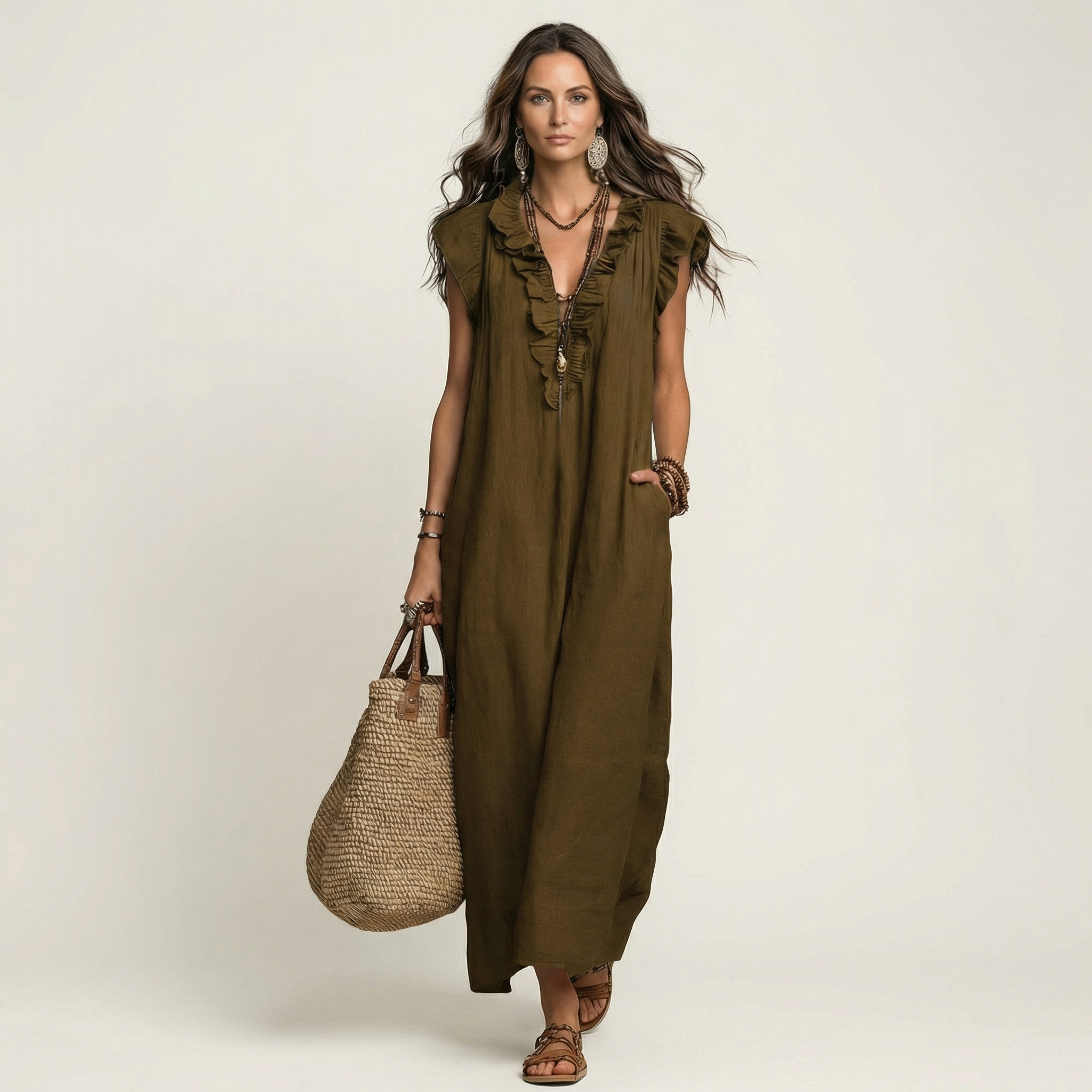 Josette | Vestido largo con escote en V de volantes