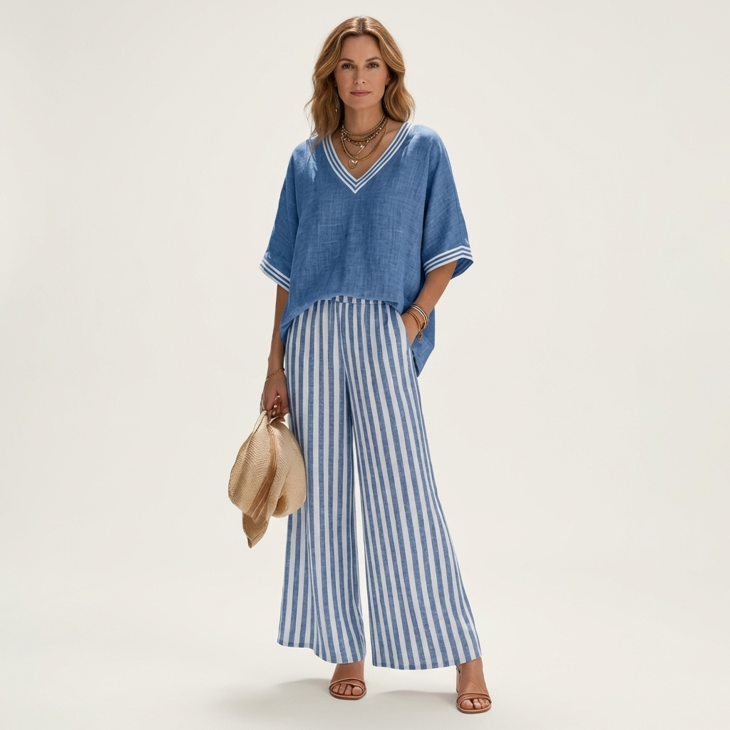 Juliana | Conjunto de top con ribete varsity y pantalón ancho a rayas