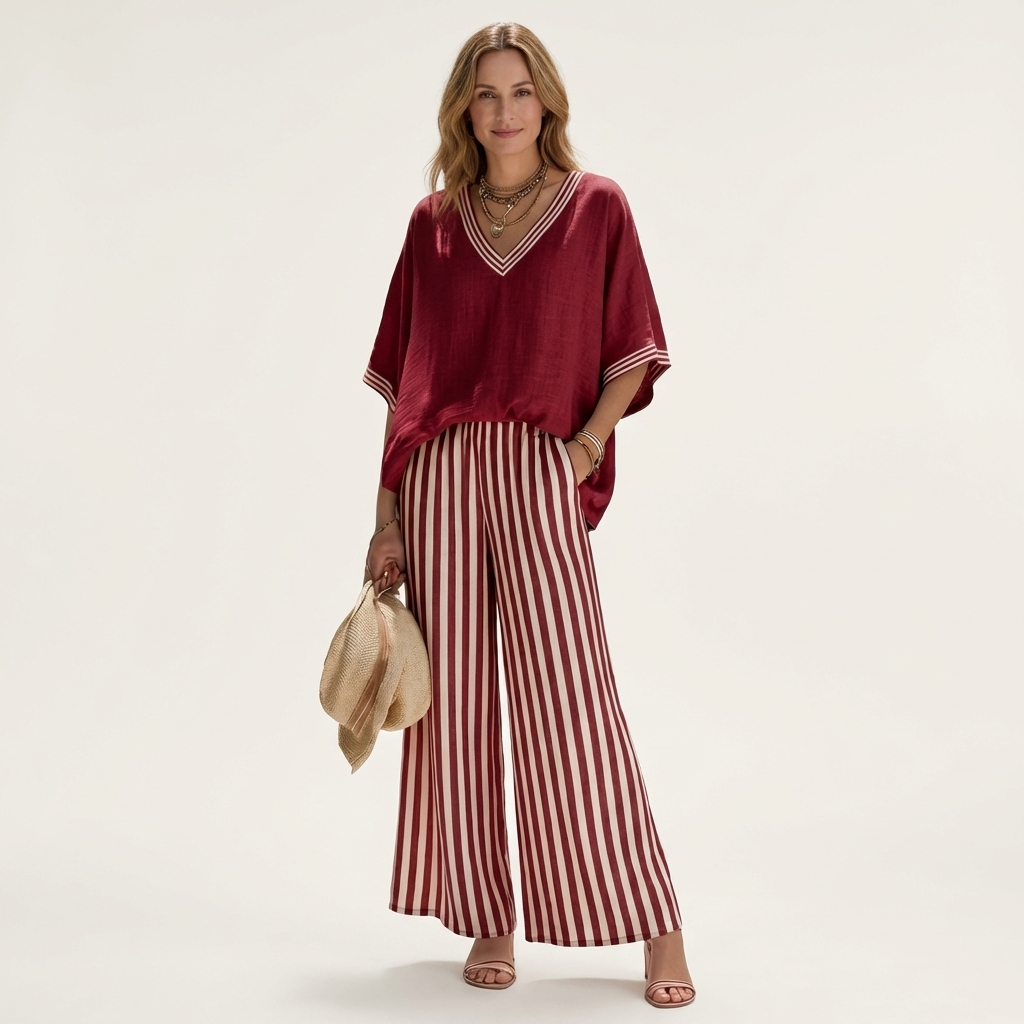 Juliana | Conjunto de top con ribete varsity y pantalón ancho a rayas