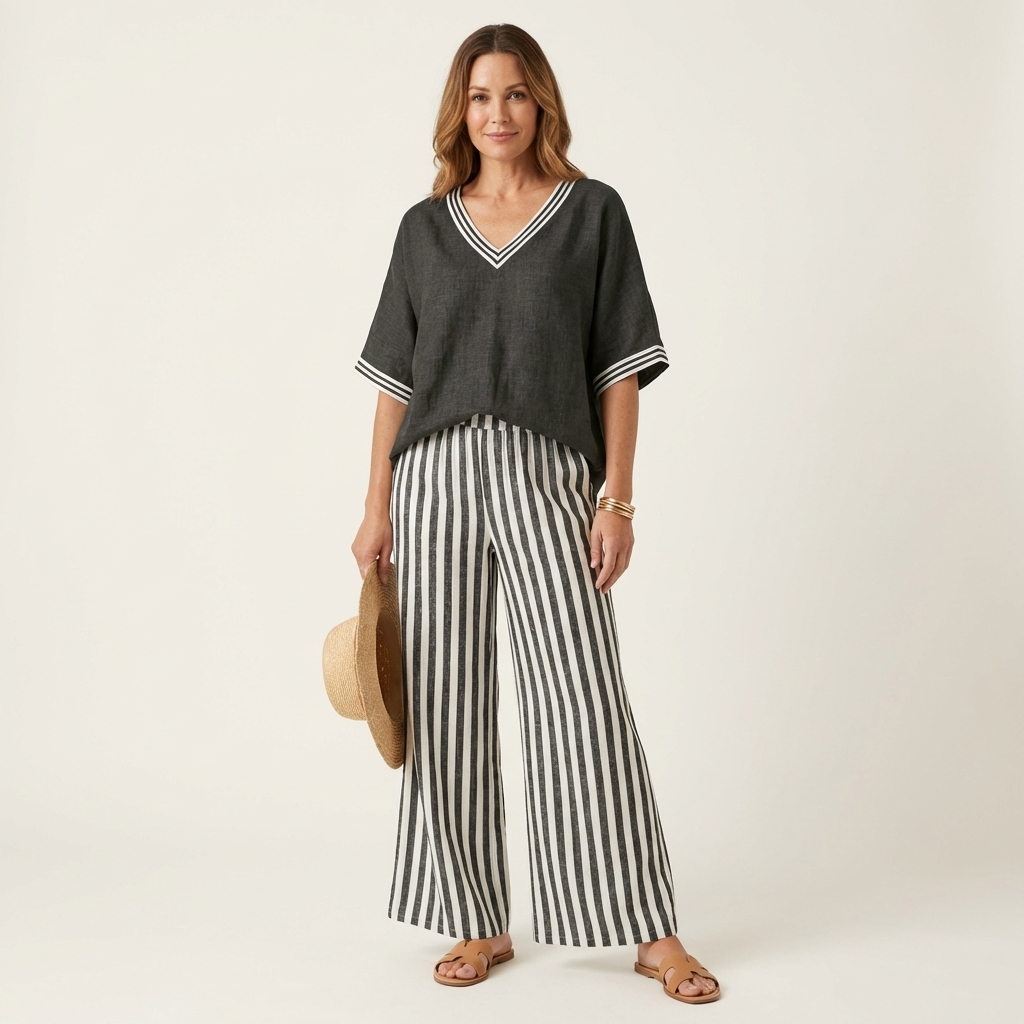 Juliana | Conjunto de top con ribete varsity y pantalón ancho a rayas