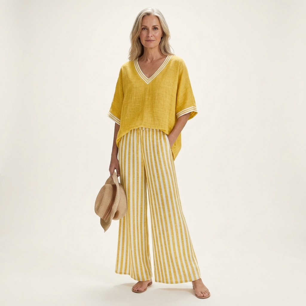 Juliana | Conjunto de top con ribete varsity y pantalón ancho a rayas