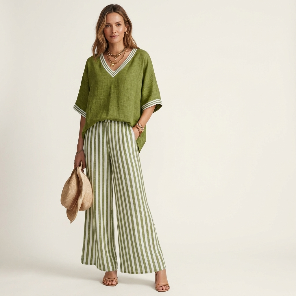 Juliana | Conjunto de top con ribete varsity y pantalón ancho a rayas