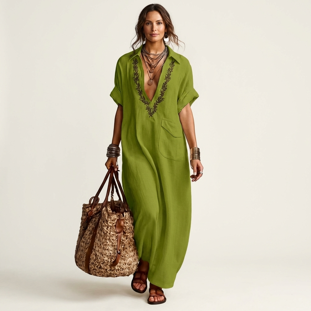 Amarina | Vestido largo de lino con cuello y escote en V bordado
