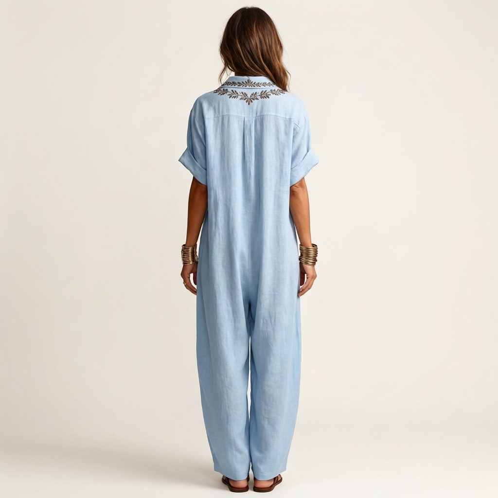 Amarina | Vestido largo de lino con cuello y escote en V bordado