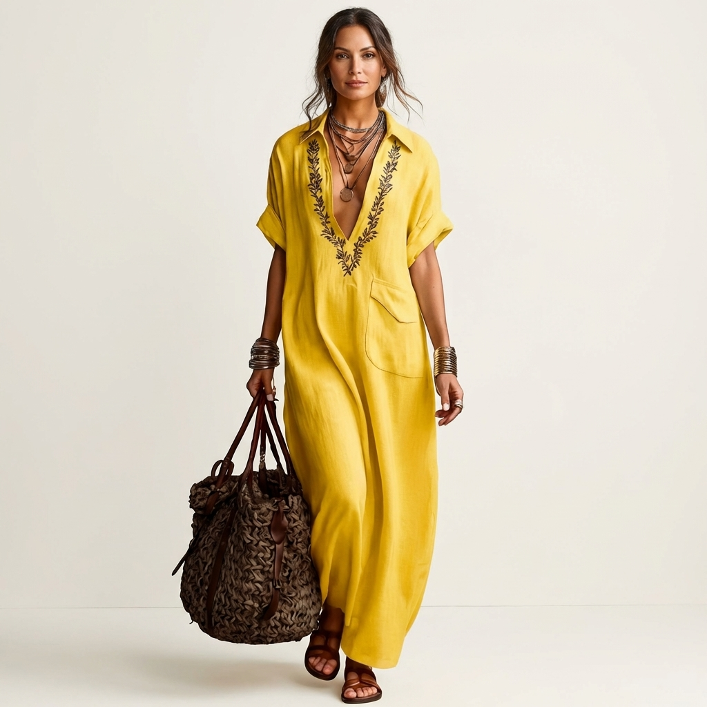 Amarina | Vestido largo de lino con cuello y escote en V bordado