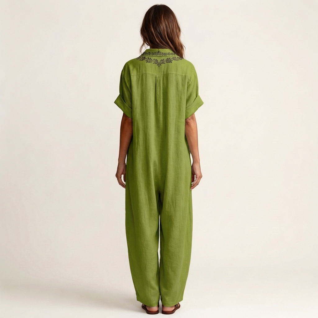 Amarina | Vestido largo de lino con cuello y escote en V bordado