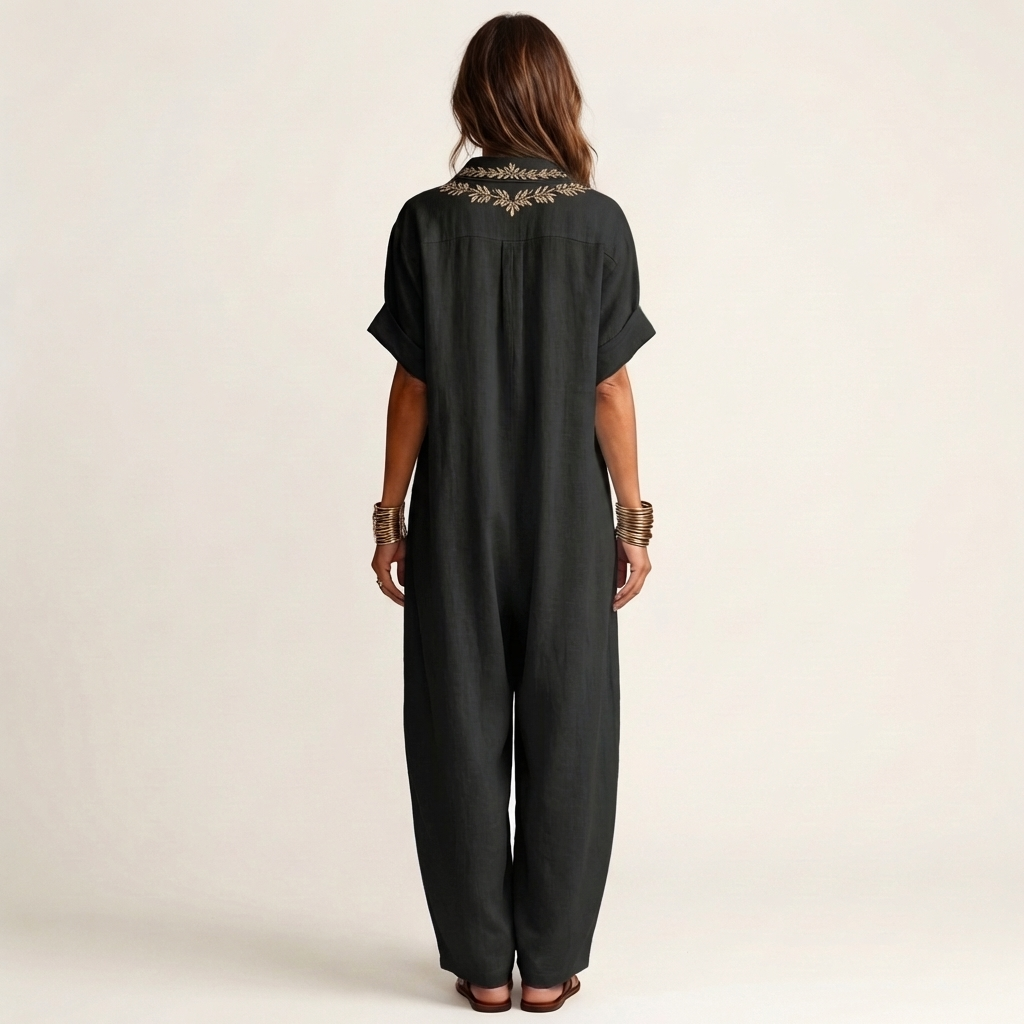 Amarina | Vestido largo de lino con cuello y escote en V bordado